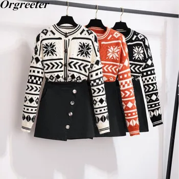 

Autumn New Women Geometry Cardigans Sweater Jacket Long sleeve Single Button Jumper + Oblique buckle Skirt 2 Piece set Female