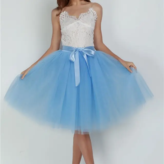 6Layers 65cm Fashion Tulle Skirt Pleated Tutu Skirts Women Lolita Petticoat Bridesmaids Sweet Party Midi Skirt Mini Skirt Dress lake blue