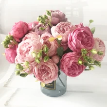 Ramo de flores artificiales de peonía para decoración de hogar, plantas de seda rosa de 30 cm, con 5 cabezas grandes y 4 brotes de flores baratas y falsas, para boda en interiores