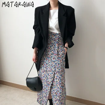 

MATAKAWA Fall 2020 Women Korean Chic Notched Blazer Women Retro French Long Sleeve Lady Suits Loose Long-sleeved Blazer Coat