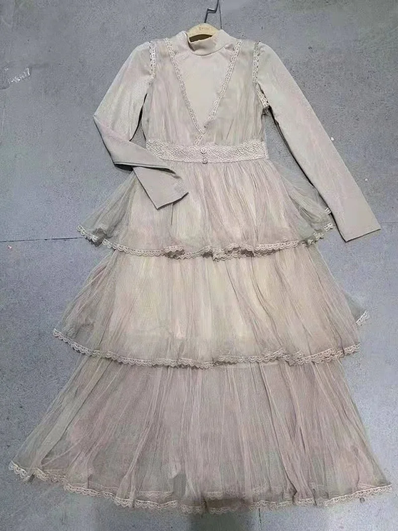 apricot Высокое качество, новинка, Весенняя мода, вечерние, Vestido, для женщин, стоячий ворот, сексуальный тюль, сетка, кружево, пэчворк, Платье макси с длинным рукавом - Цвет: apricot