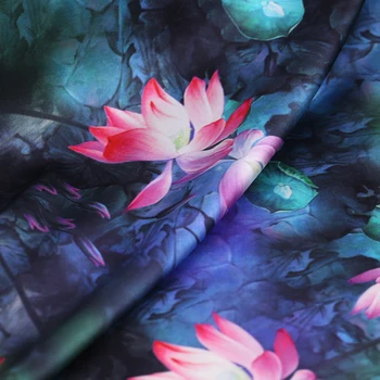 

108CM Wide 19MM 93% Silk & 7% Spandex Pink Lotus Print Blue Stretch Silk Satin Fabric for Dress Cheongsam Shirt Jacket B186