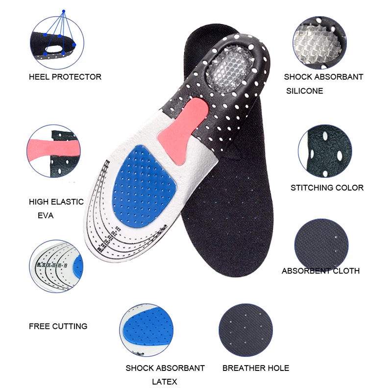 USHINE Sport Running Silicone Gel Shoe Insoles for Foot Men Women Sole Orthopedic Pad Massaging Shock Absorption Arch