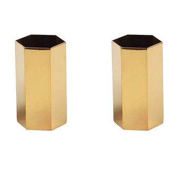 

2 Pcs Gold Flower Vase Pen Holder Desktop Storage Container for Home Office - Hexagon-Luxury Metal Pen Brushes Holder