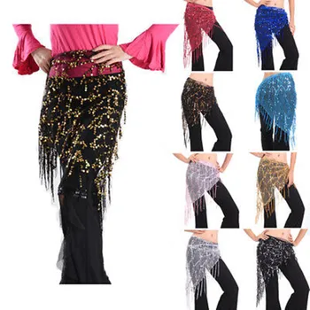 

New Fashion Elegant Women Belly Dance Costume Triangle Sequins Tassel Hip Scarf Wrap Skirt Belt
