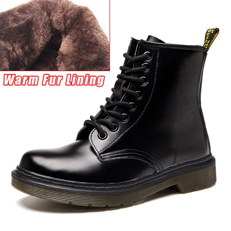 Популярные женские ботинки женская обувь из натуральной кожи; Ботинки martin женская зимняя обувь мотоциклетные ботинки в стиле панк; женские ботинки - Цвет: Bright black fur