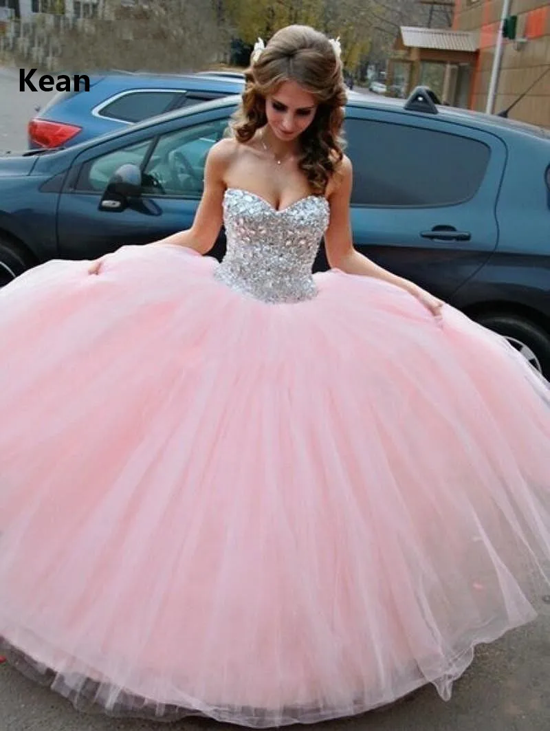 Pink Quinceanera Dresses Strapless Sequin Crystal Bead Tulle Sweet 16 Dresses Graduation Gown Vestidos Ball Gown Evening Dress