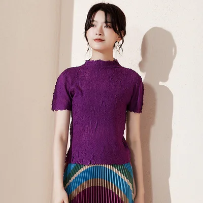 Фиолетовый Горячая Miyake мода перспектива короткий рукав сексуальная Нижняя рубашка тонкая футболка водолазка футболка - Цвет: Фиолетовый
