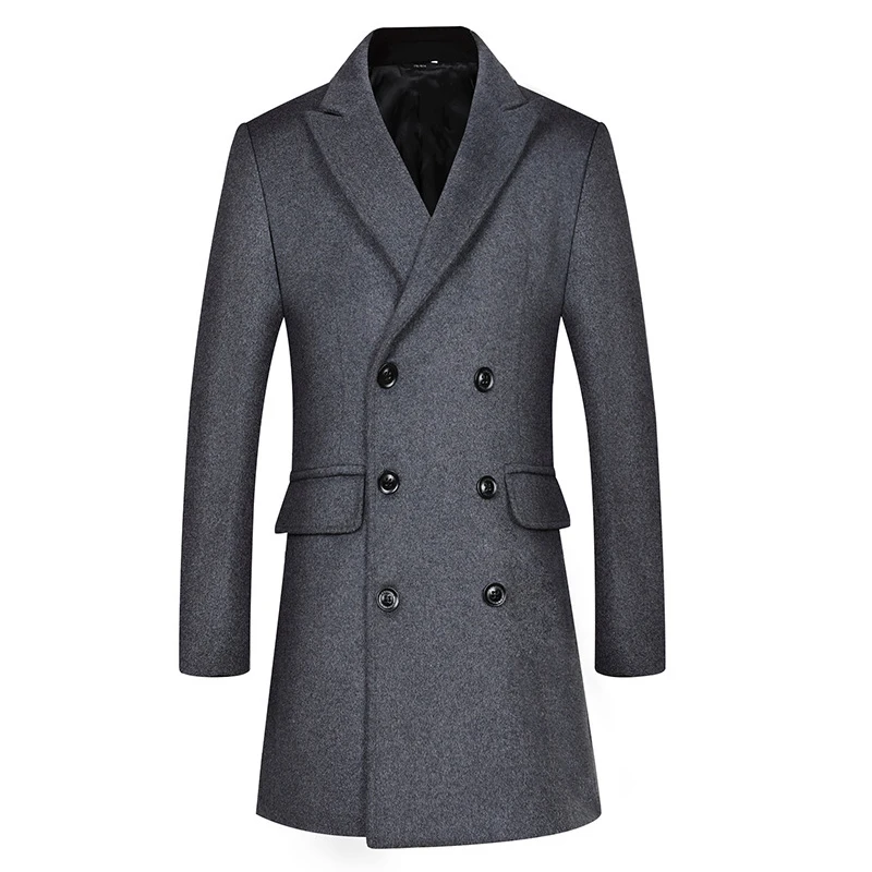 Men's Premium Wool Blend Double Breasted Long Pea Coat British Style