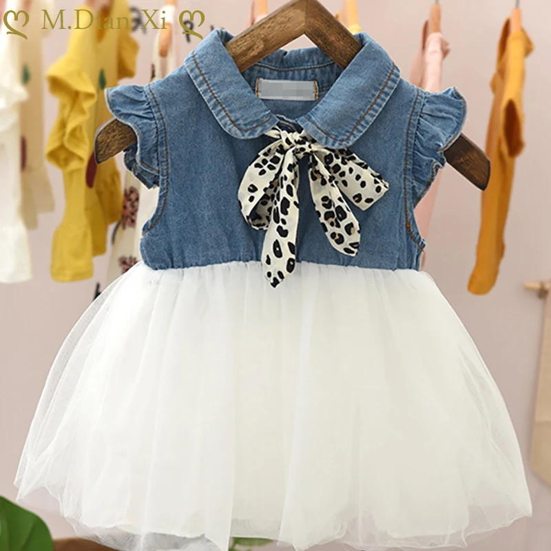 Летнее модное милое платье для девочек джинсовое Сетчатое строченное детское