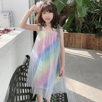 

Vacation Style Stylish Embroidered Dress Rainbow Color Beaded Sleeveless Dress kids summer clothes