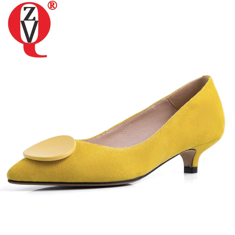 

ZVQ natural leather women's shoes kid suede 3cm low heels pumps spring summer pink yellow black pointed toe wedding shoes