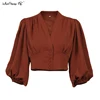 Mnealways18 Lantern Sleeve Womens Blouses And Tops Vintage Autumn Red Female Shirt V-Neck Elegant Breasted Draped Blouse Winter ► Photo 3/6