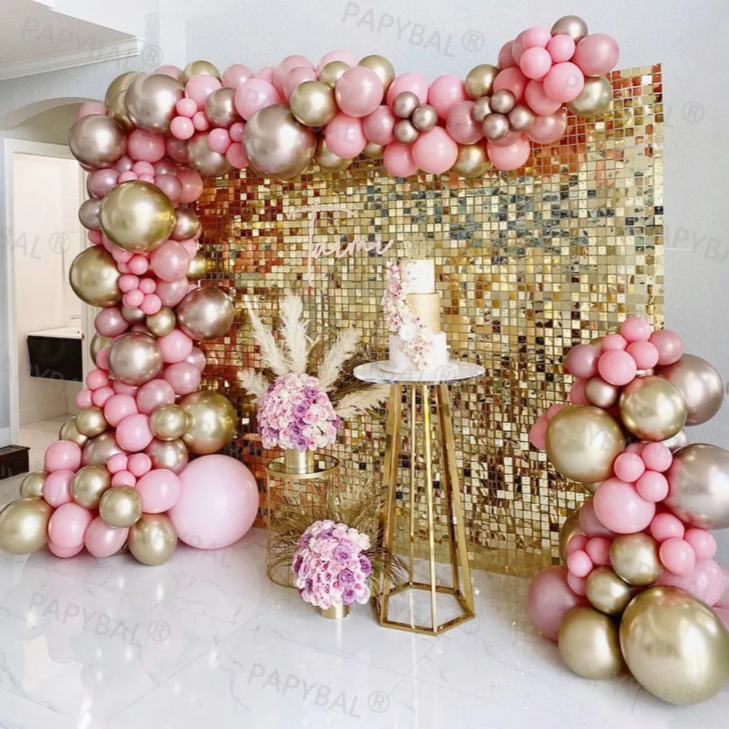 

Macaron Baby Pink Gold Balloon Garland Arch With Foil Curtain Wedding Birthday Valentine Party Wall Backdrop Decors Air Globos