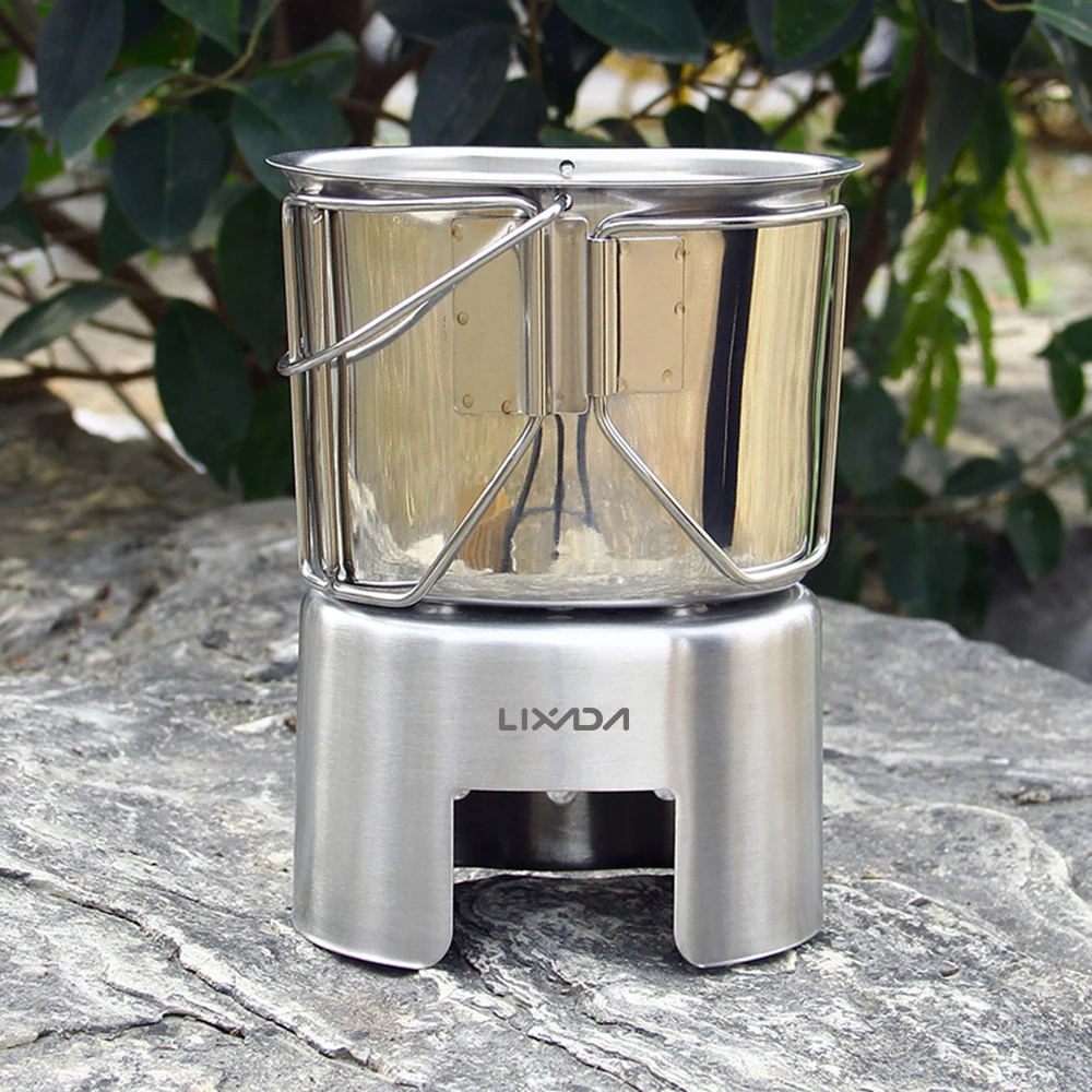 Lixada 3 in 1 Camping Cookware Stainless Steel Canteen Cup Hanging Pot with Wood Stove Set Outdoor Picnic Camping Equipment