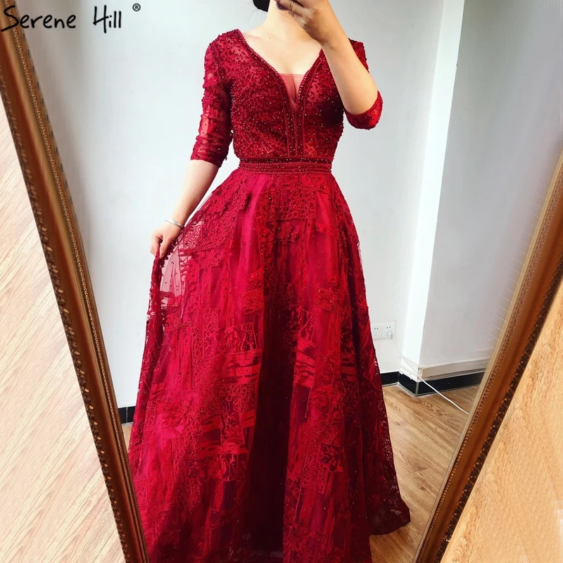 Velvet Muslin Wine Red Evening Dresses Long Sleeves Luxury Design
