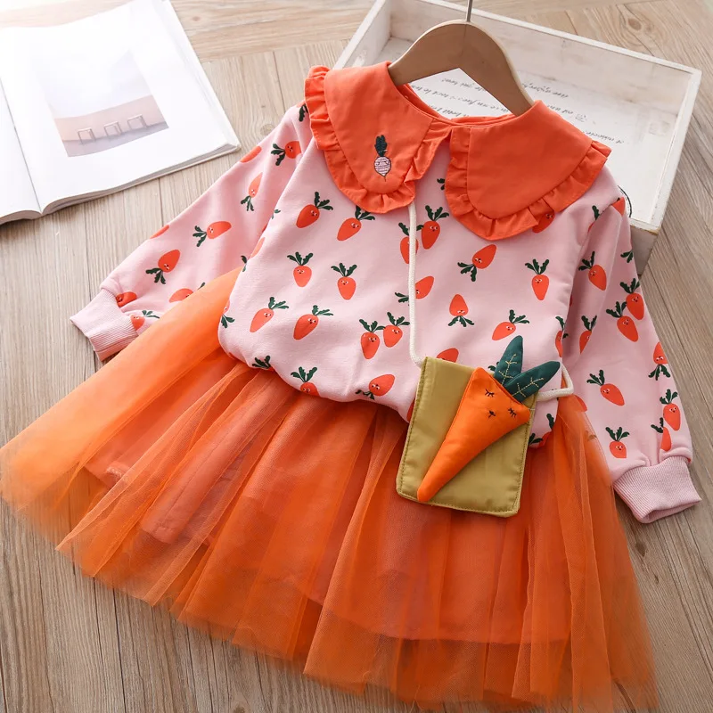 DFXD High Quality Girls Clothes Sets Spring New Design Carrot Turn Down Collar T-shirts Tops+Mesh Skirts 2pc Suit With Bag 1-5T