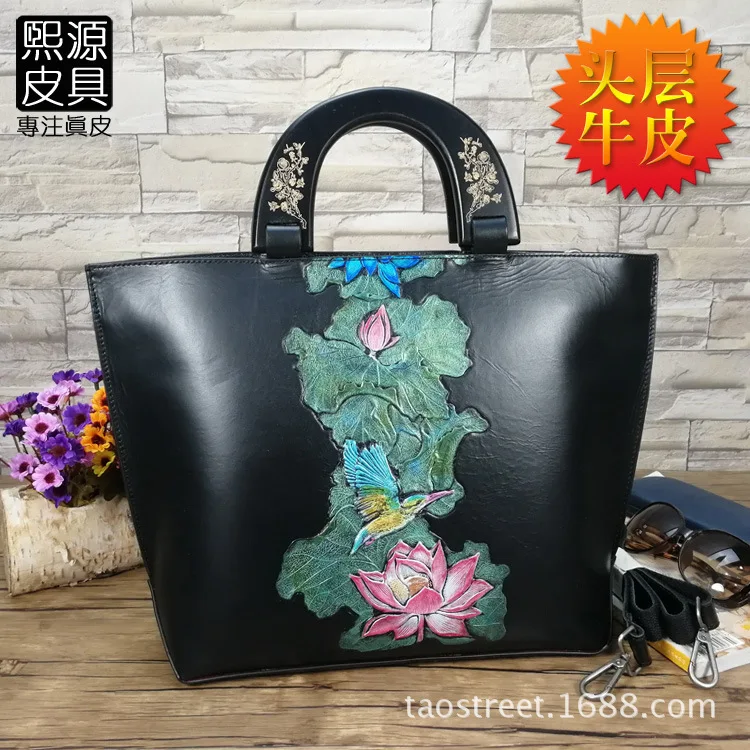 

New Style WOMEN'S Bag Full-grain Leather Genuine Leather Ethnic-Style Embossed Hand-Painted Fashion Large Capacity Handbag