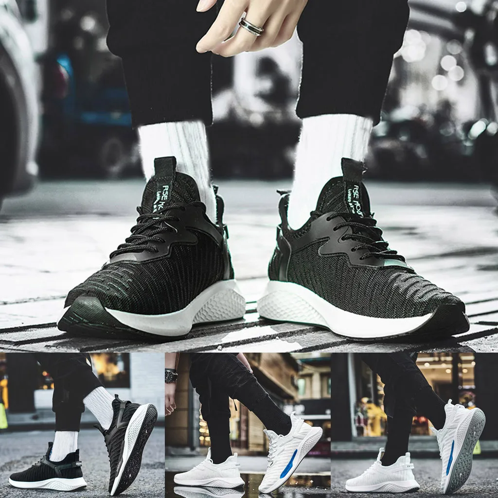 Men's White running shoes Casual Fly Knit chunky sneakers Wear resistant Breathable Trend Wild Solid Walking Jogging Footwear