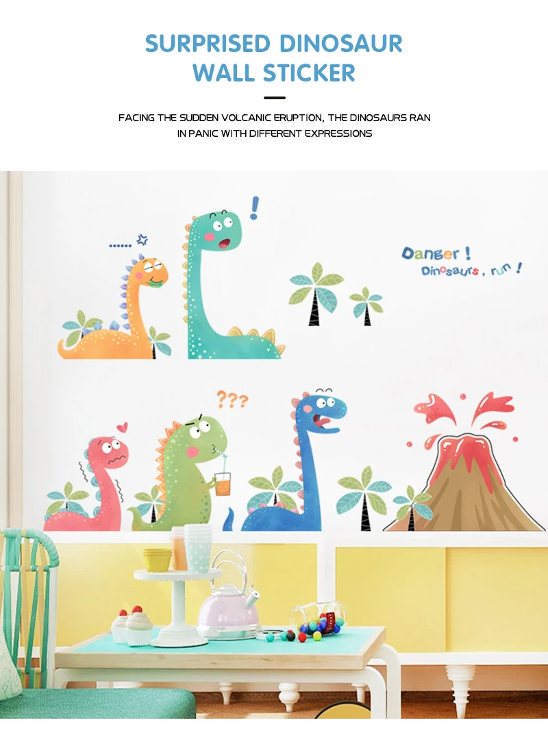 Cartoon volcano little dinosaur wall stickers creative kids room decoration cute sticker self-adhesive baby bedroom wall decor