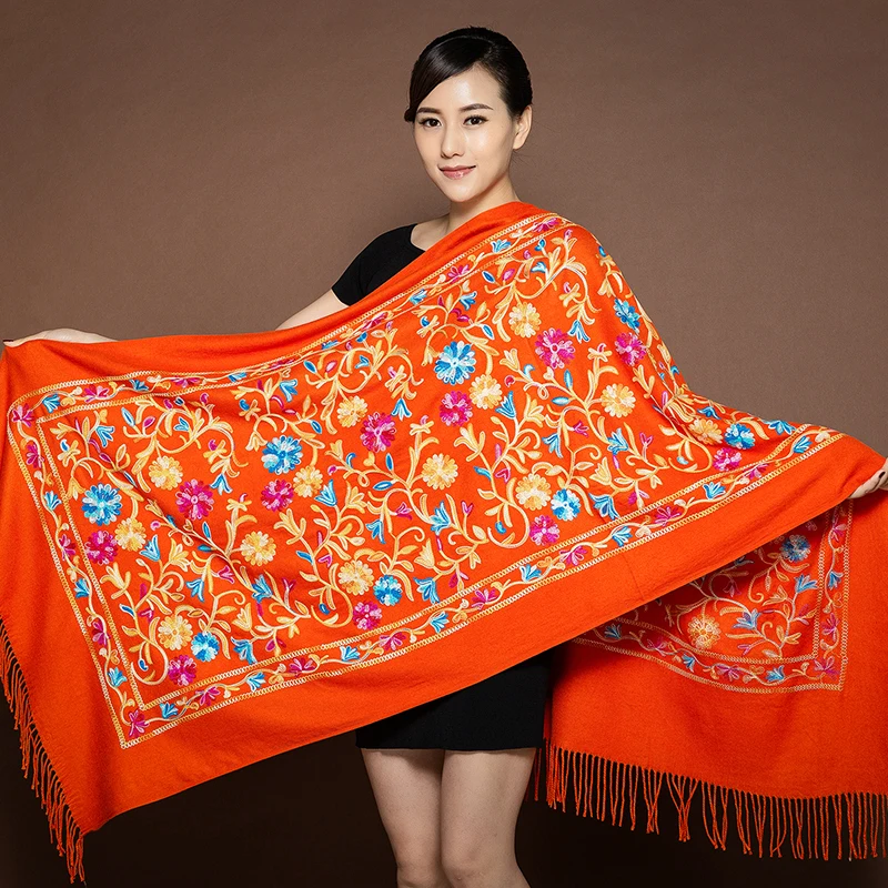 200*70 см женский вышитый цветок кашемировый шарф Пашмина зимний теплый шарф с кистями шаль модный шаль для путешествий шарфы - Цвет: orange