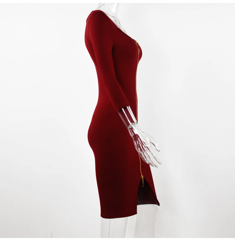 Новинка, повседневные осенне-зимние модные красные однотонные платья на молнии, асимметричное женское сексуальное Клубное облегающее платье длиной до колена с низким вырезом