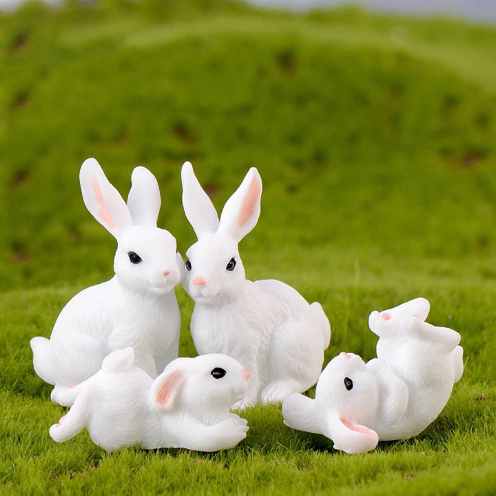 6 pcs Miniature White Rabbits Fairy Garden Animal Ornament Terrarium Supplies
