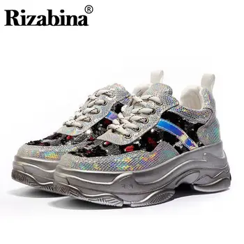 

RIZABINA 2020 Real Leather Autumn Fashion Bling Woman Sneakers Thick Bottom Platform Comfortable Shoes Woman Size 35-40
