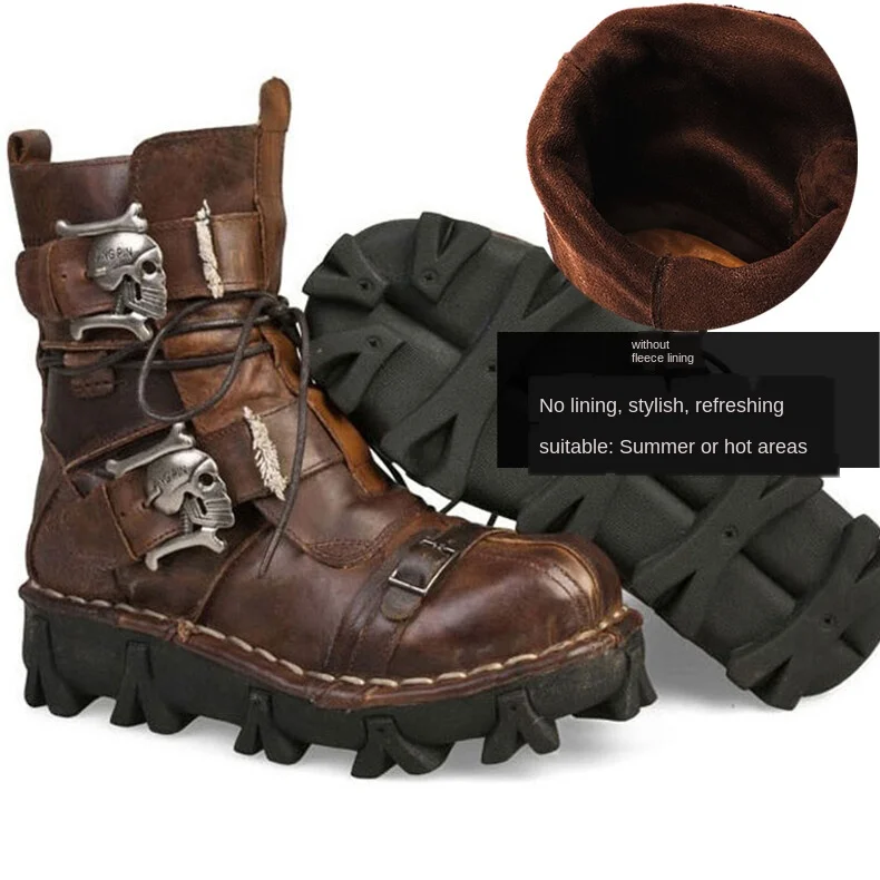 thumbnail image 1 of Botas de trabajo de cuero genuino para hombre, botas de combate militares, botas de moda Punk con calavera gótica, botas de motocicleta 50 Vintage, 1 of 5