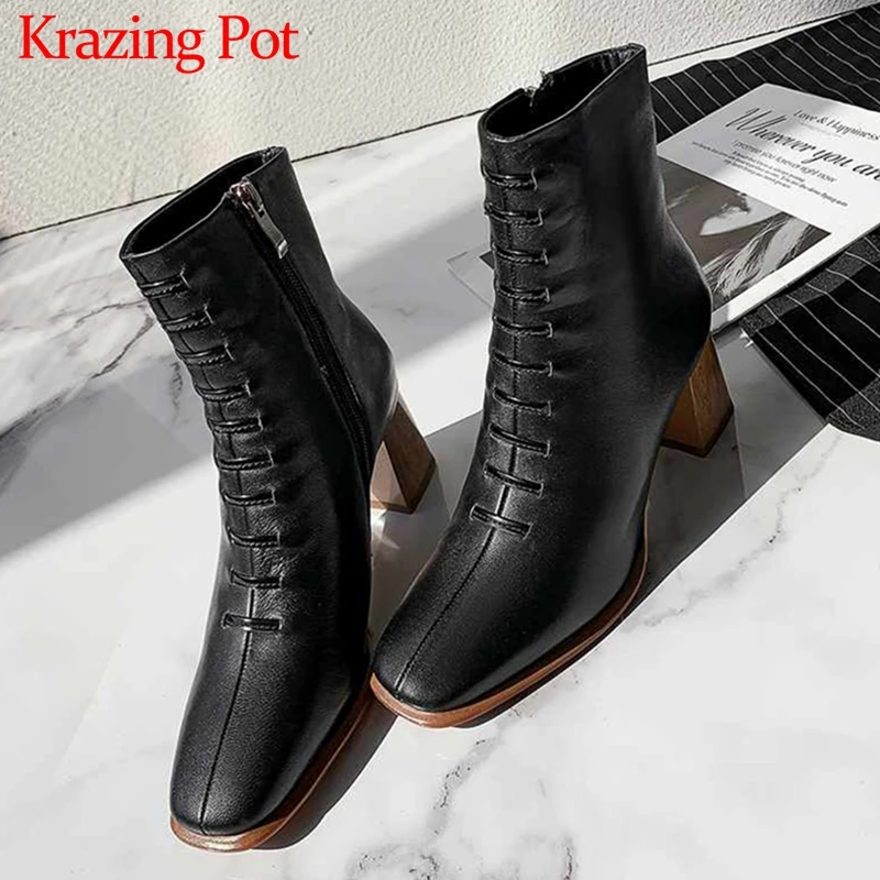 Krazing Pot/корейский стиль, модный мягкий овечий кожаный квадратный носок, высокий каблук, элегантные женские зимние теплые ботильоны на молнии, L90