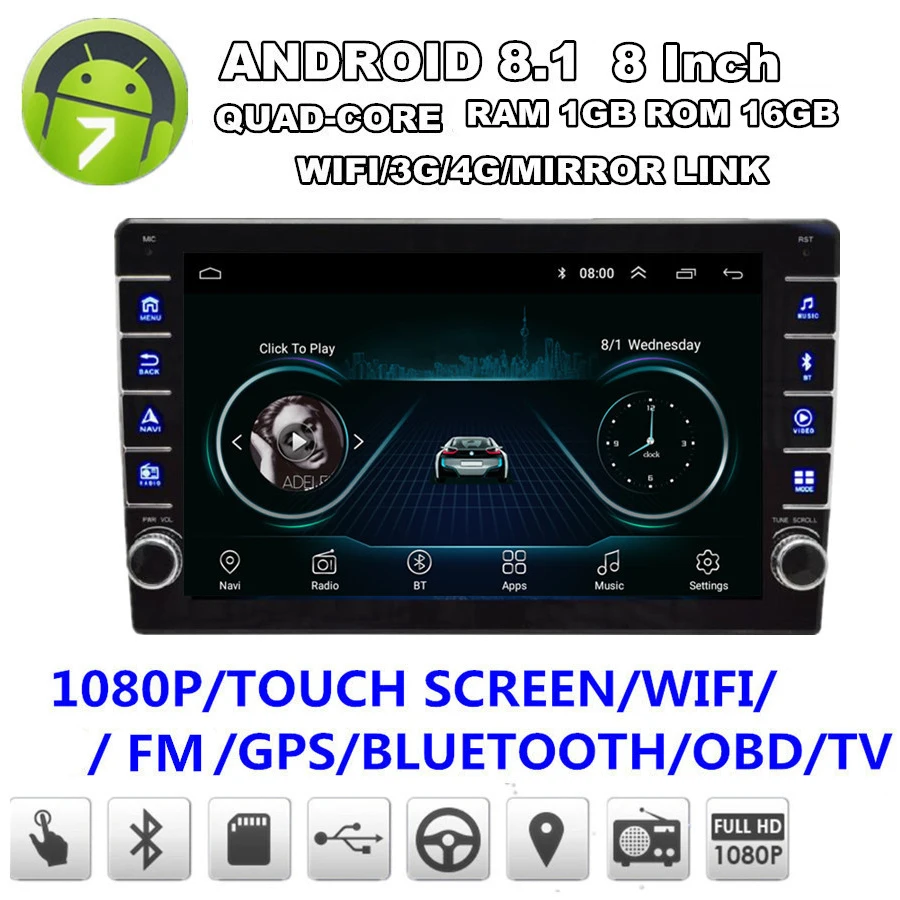 2 DIN 8inch Ultra Thin Car Stereo Radio GPS Navi BT WiFi 3G 4G DAB w//Knob Button