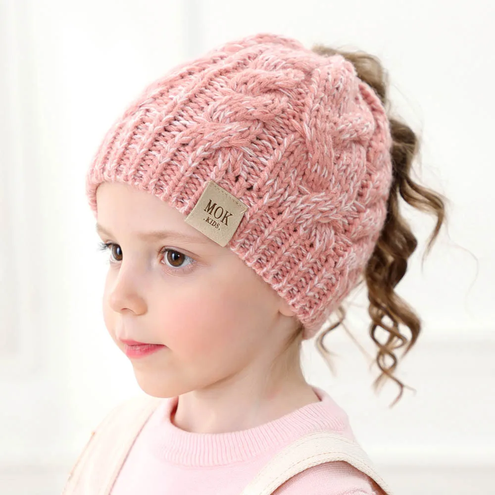

Children Caps Knitted Ponytail Beanie Soft Winter Messy Bun Hat for Girls Kids Autumn Crochet Warm Hat Beanies Baby Accessories