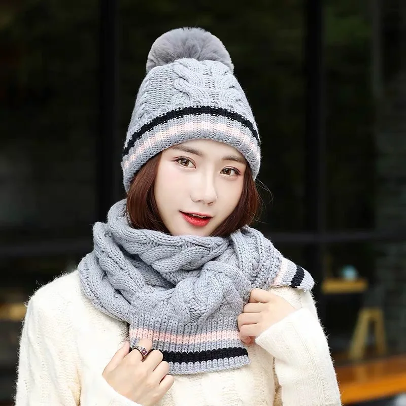 Winter Hats For Women Wool Knitted Hat Scarf Two Pieces Set Fashion Girl Pom Poms Ball Beanie Caps Female Ski Hat - Цвет: Темно-серый