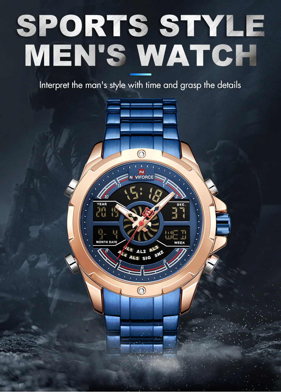 NAVIFORCE Men's Watches Luxury Brand Men Sports Quartz Blue Watch Men Stainless Steel Digital Clock Waterproof Relogio Masculino