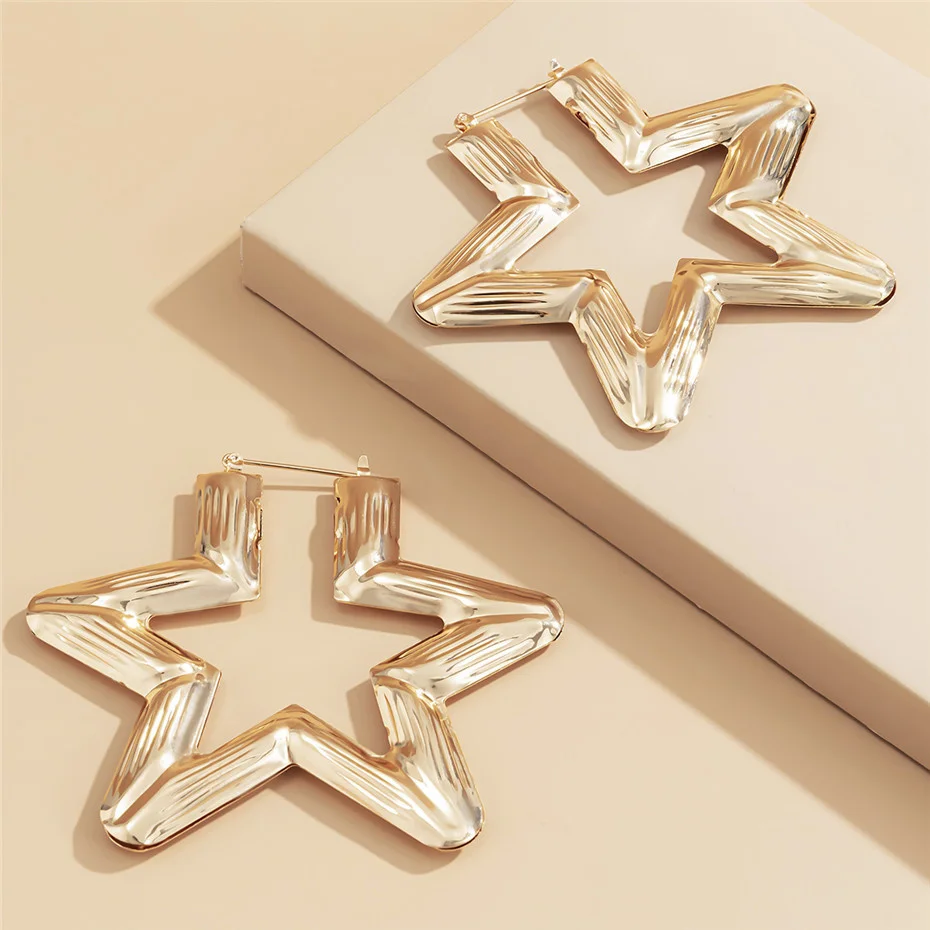 KunJoe 2021 New Punk Gold Color Big Star Hoop Earrings for Women Exaggerated Metal Geometric Earrings For Women Party Jewelry