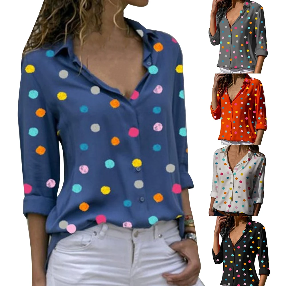 Camisa de Chifón con lunares para mujer blusas casuales bonitas cuello en V blusas manga larga estampado prendas de vestir Camisas de mujer de talla grande 3XL|Blusas y camisas| -