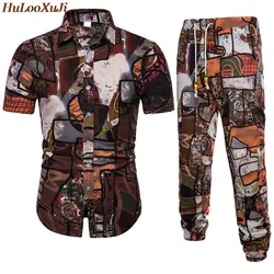 HuLooXuJi мужские комплекты больших размеров праздничный костюм винтажный хлопок и лен с принтом летние рубашки + длинные штаны мужские