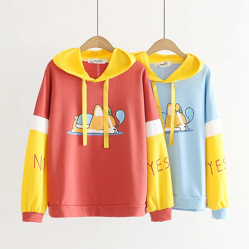 

College Style Cartoon pin se xiu Fun Cartoon Dog Printed Hoodie Women's Loose-Fit Soft Girl Students Coat