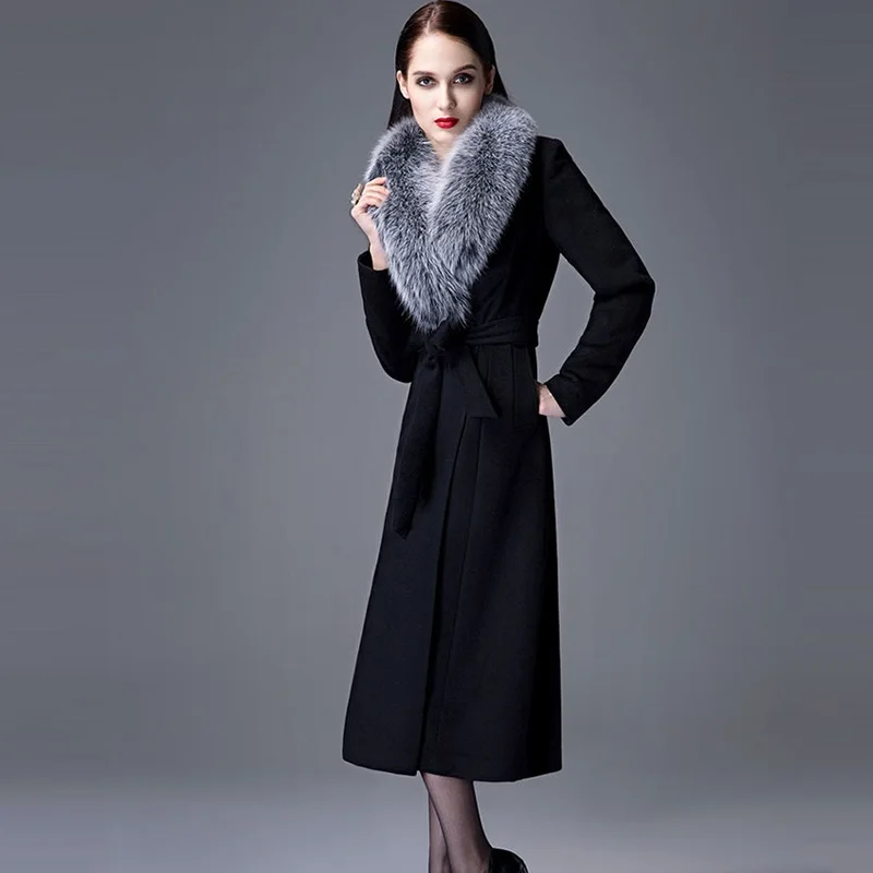 Шерстяное пальто из натурального меха лисы, Женское пальто, Осень-зима, Женское пальто большого размера, XS-5XL, женские шерстяные пальто, удлиненные куртки