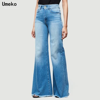 

Umeko New Blue Denim Vintage Mom Wide Leg Jeans Full Length Plus Size Boyfriend High Waisted Flare Jeans Women Bell Bottom Pants