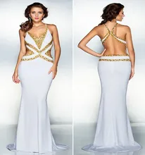

Sexy White Mermaid Evening Dress 2021 V Neck Crisscross Back Beading Prom Party Gowns Celebrity Robe De Soirée Vestidos