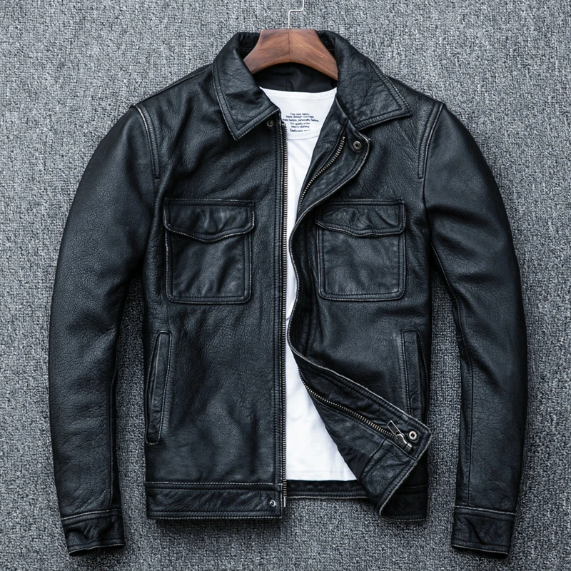AMEKAJI head layer cowhide retro stone mill do old leather leather motorcycle leather jackets men brief paragraph - Цвет: Do old grey