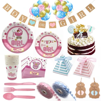 

Gender Reveal Baby Shower Birthday Party Decoration Boy or Girl Tableware Set Paper Plates Air Balloon Banner Gift Tag Supply