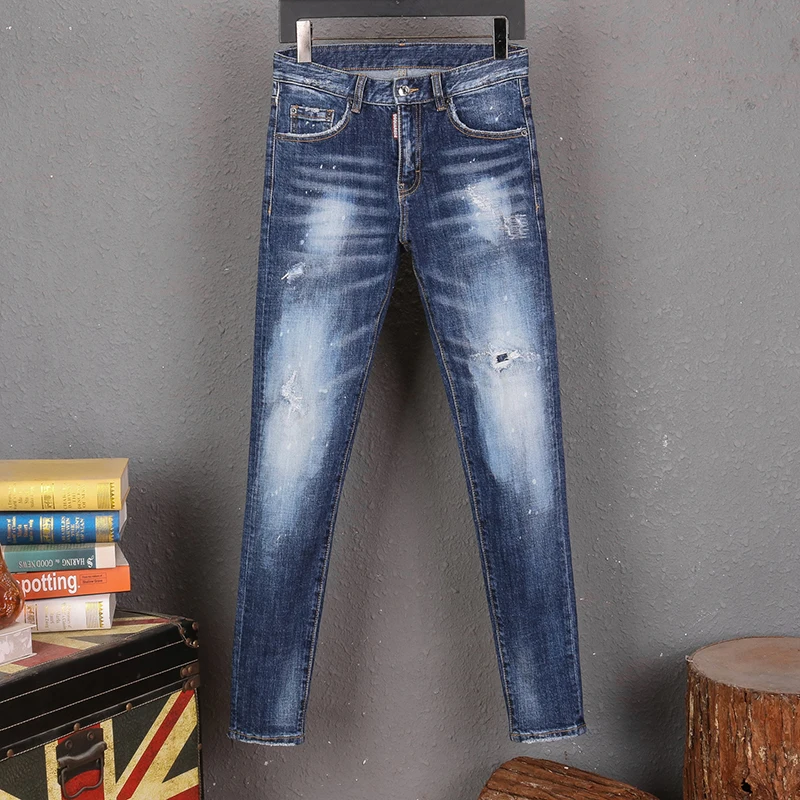 Estilo Europeo dsq marca de Jeans Stretch elástico Slim pantalones vaqueros para hombre Casual blanco azul bolsillos Jeans para hombre 8222