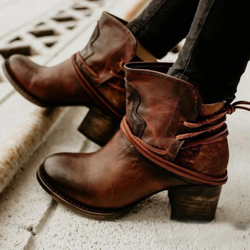 

Winter Women Ankle Boots Wipe Color Slip on Round Toe Cross Tied High Square Heels Rubber Platform Black Ladies Shoe Botas Mujer