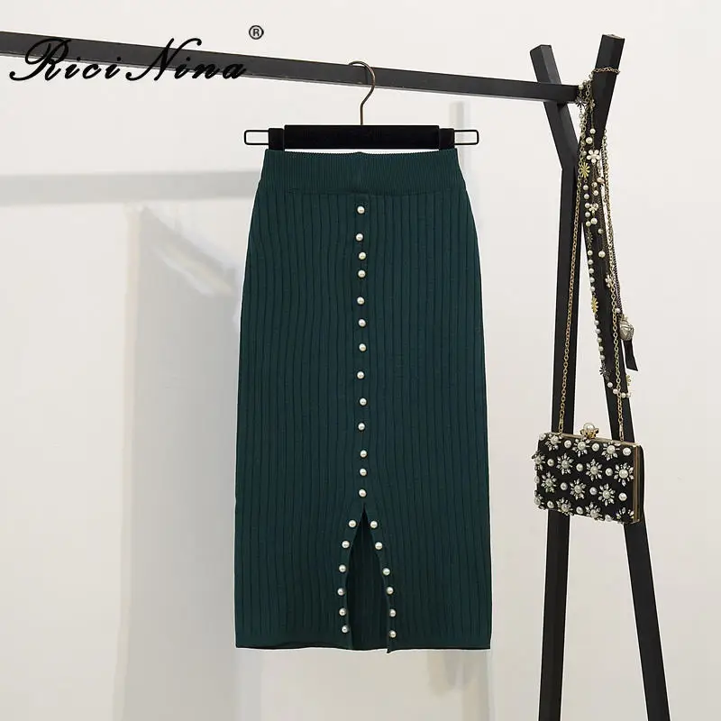 RICININA, вязаная юбка, женские юбки, Осень-зима, высокая талия, эластичные, Длинные пуговицы для юбки, одноцветная, с разрезом, элегантные, макси, Jupe Femme - Цвет: Dark green Skirt
