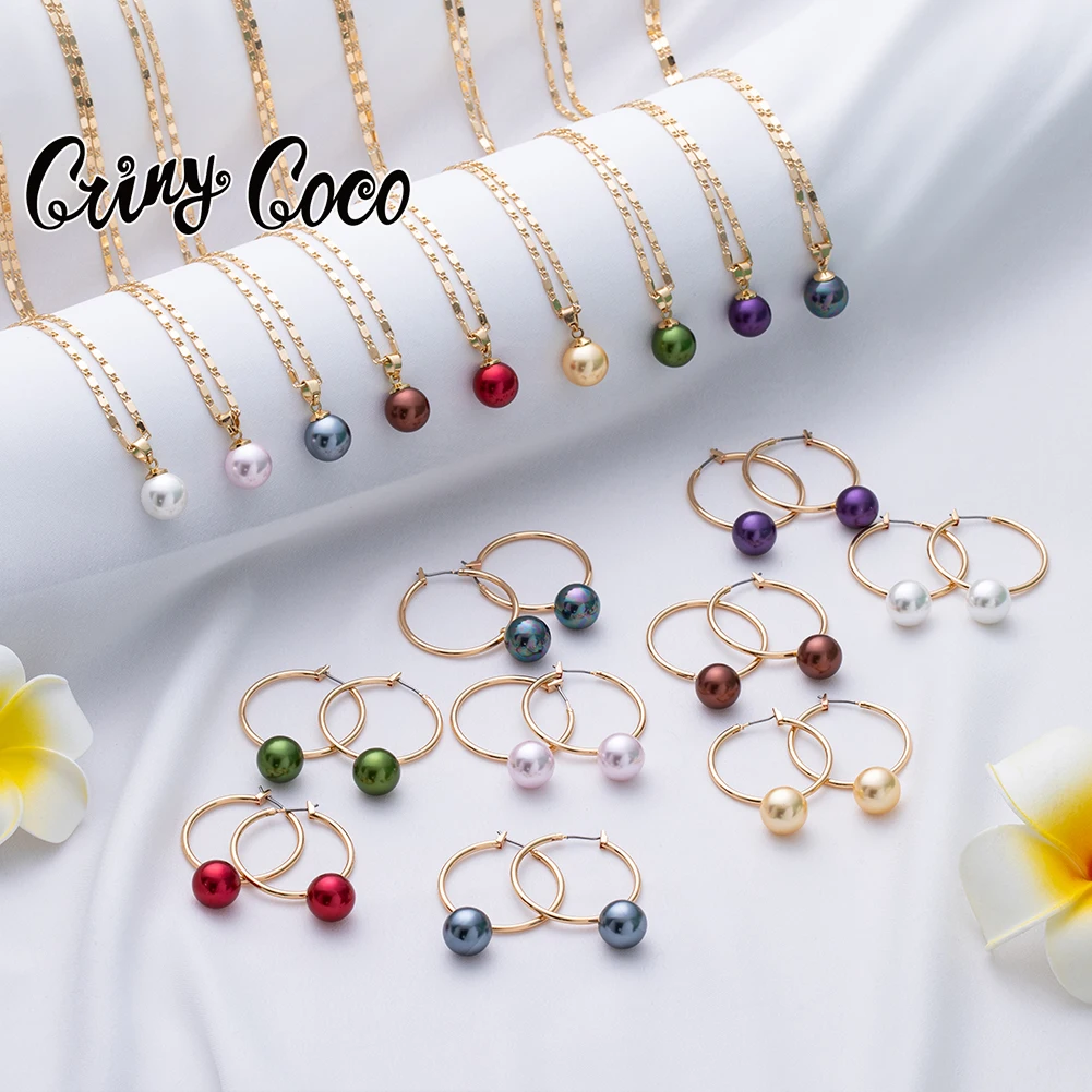 Jewelry Set Hawaiian Polynesian Pearl Jewelry Sets Colorful Bead Gold Plated Accessories Necklace Hoop Earrings for Women