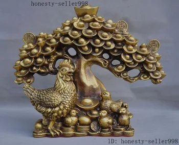 

wedding decoration China Fengshui Brass Wealth Yuanbao Money Coin Tree Animal Chicken Chicks Statue