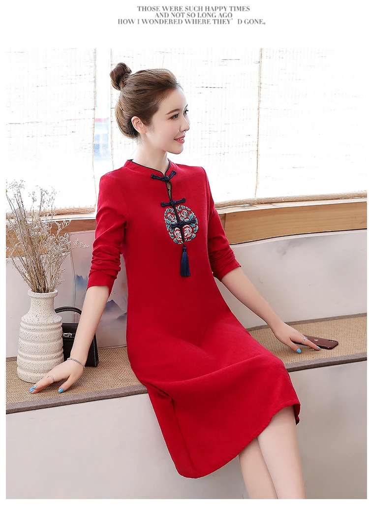 Хлопок и лен вышитые модифицированные Cheongsam шик кисточкой элегантные женские CNY традиционные платья трапециевидной формы Qipao Платье женское