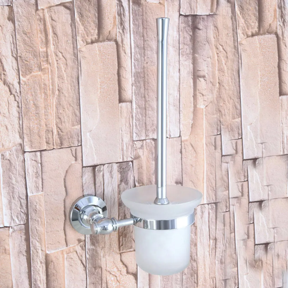 

Polished Chrome Brass Wall Mounted Toilet Brush & Holder Set White Brush Glass Cup Bathroom Accessory aba793